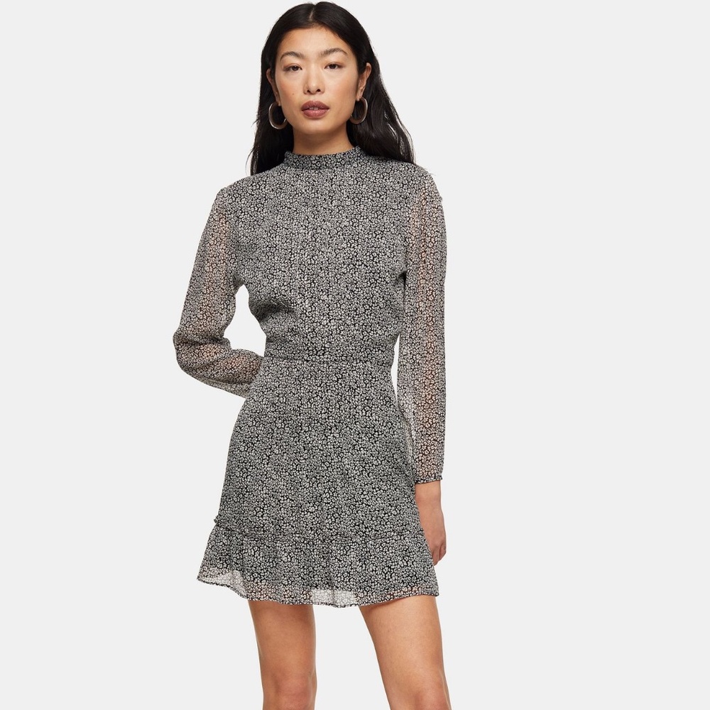 Topshop Black And White Leopard Pintuck Mini Dress